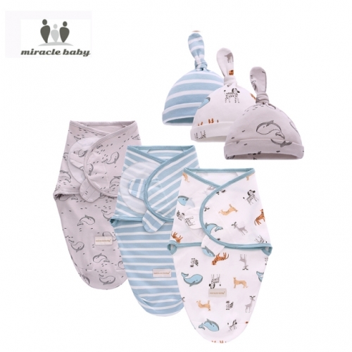 Miracle Baby Swaddle Set with Hat 3 Pack Plain Muslin Swaddle Wrap Set